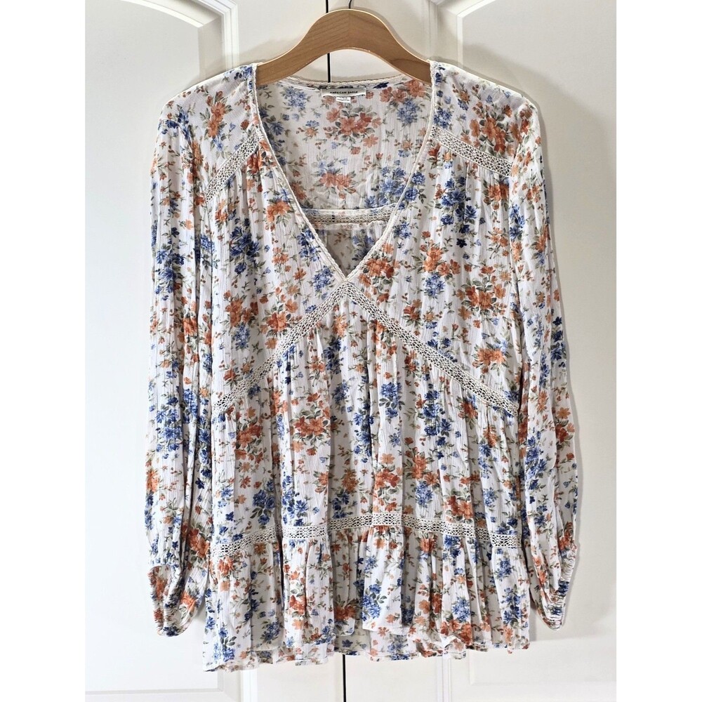 American Eagle Women L Floral Peplum Blouse Lace Cottagecore Prairie Boho Cute - Picture 2 of 12